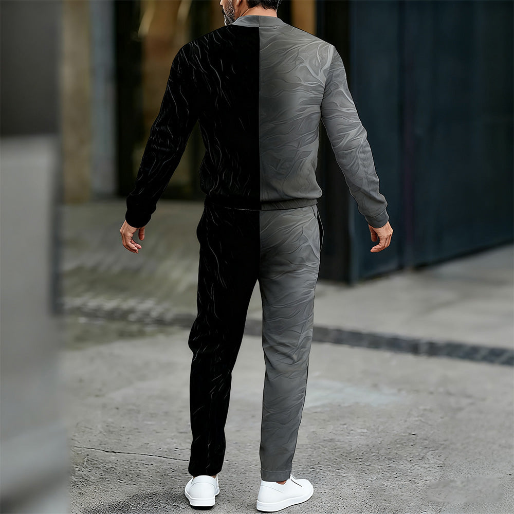 Men's Casual Color Matching Printed Round-Neck Zipper Long Sleeved Trousers Two-Piece Set