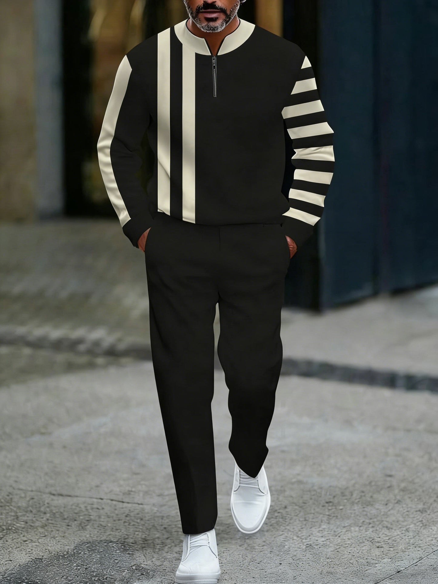 Men's Casual Apricot & Black Color Matching Striped Printed Round-Neck Zipper Long Sleeved Tops & Trousers Two-Piece Set