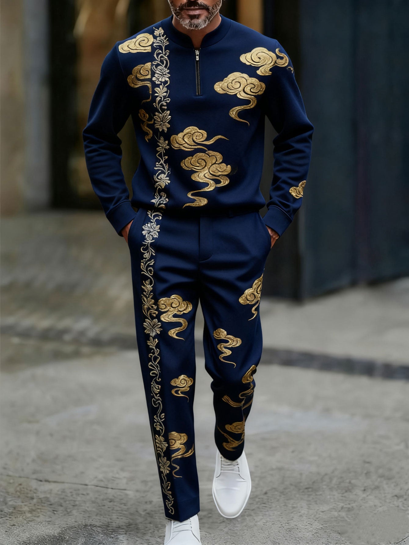 Men's Casual Color Matching Printed Round-Neck Zipper Long Sleeved Trousers Two-Piece Set