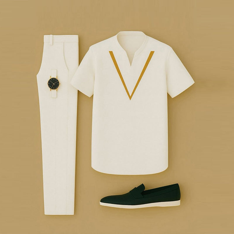 Men's Casual Color Matching Printed Short Sleeved V-Neck T-Shirt & Trousers Two-Piece Set