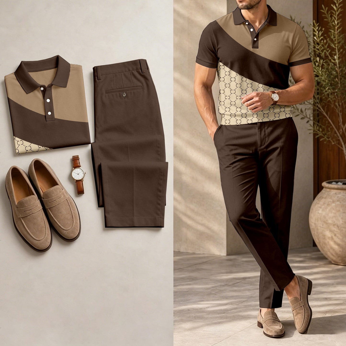 Men's Casual Dark Brown Plaid Printed Polo Shirt And Pants Two-Piece Set