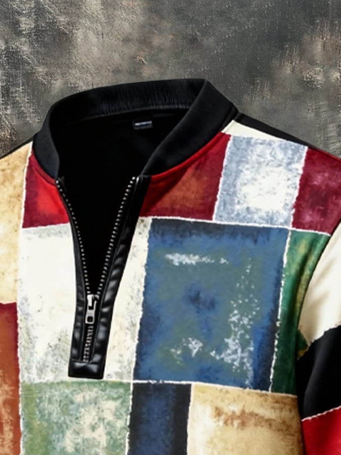 Men's Vintage Color-Block Printed Zip-Up Hoodie