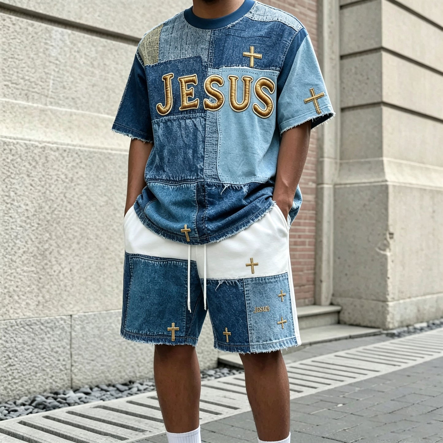 Men's Casual Denim Set with Gold-Letter Print Round-Neck Short-Sleeve T-Shirt and Shorts