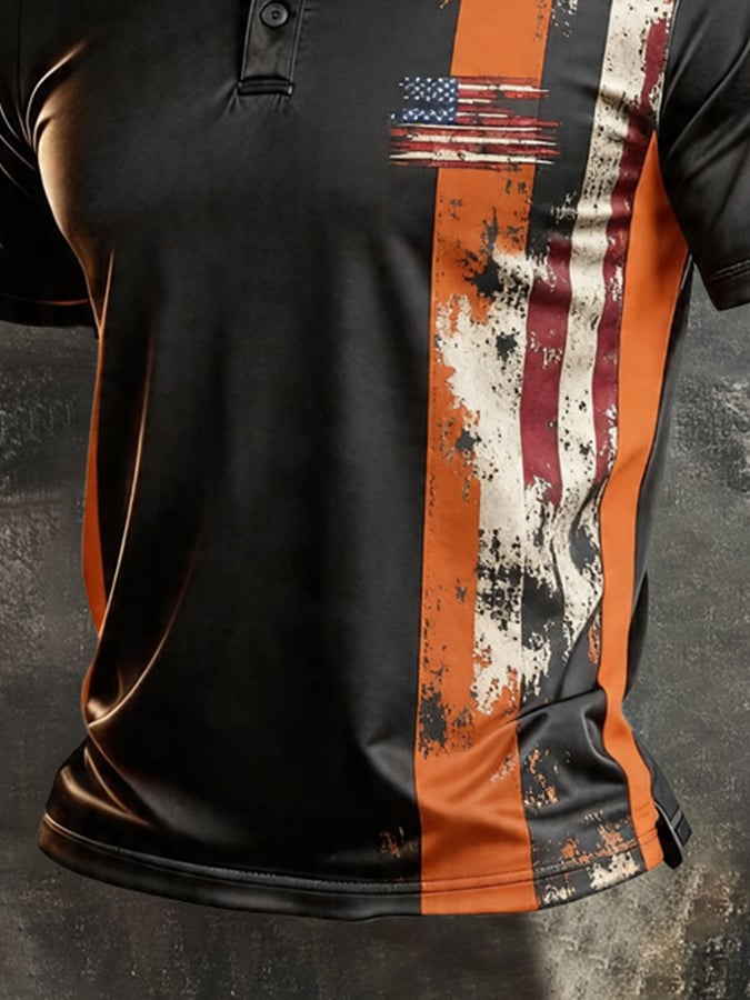 Men's Retro Patriotic Color-Block Short-Sleeve Polo Shirt