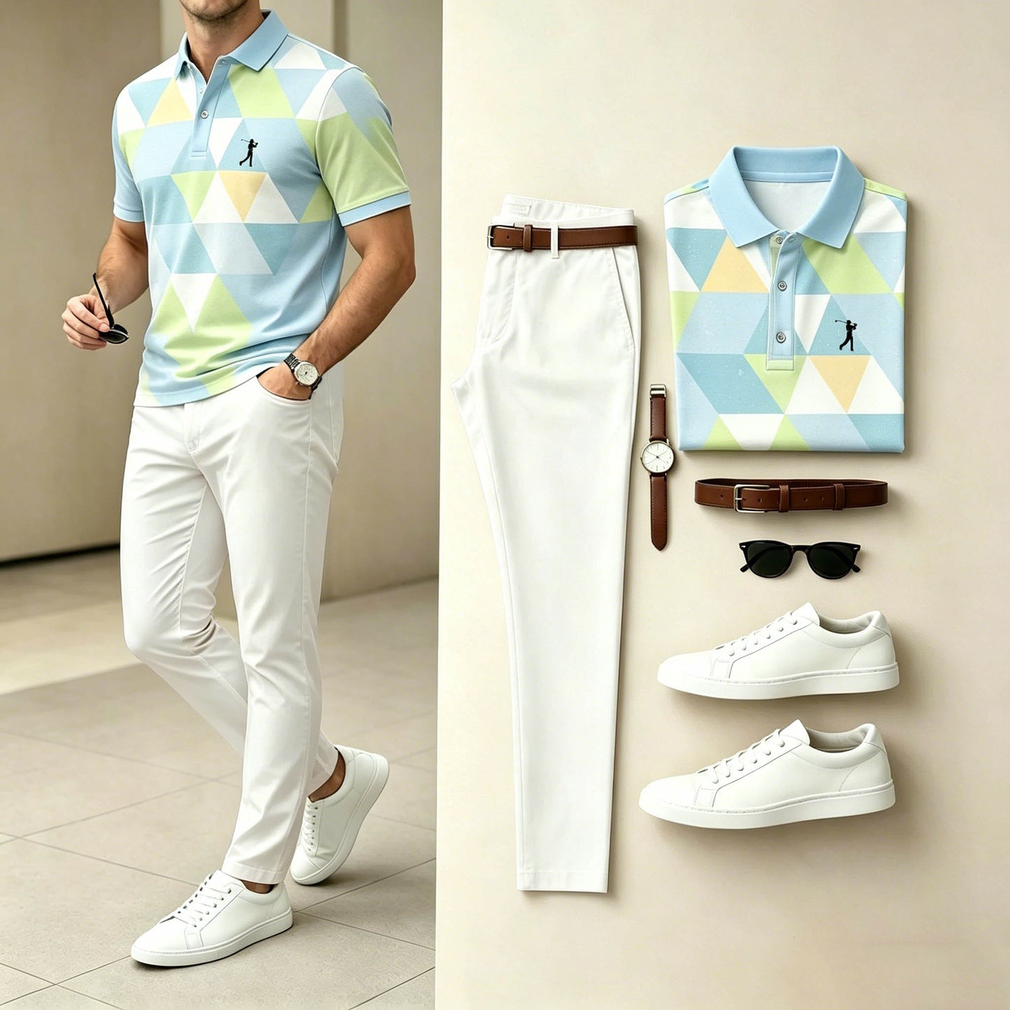 Men's Casual Multicolor Triangle Printed Polo Shirt & Pants Two-Piece Set