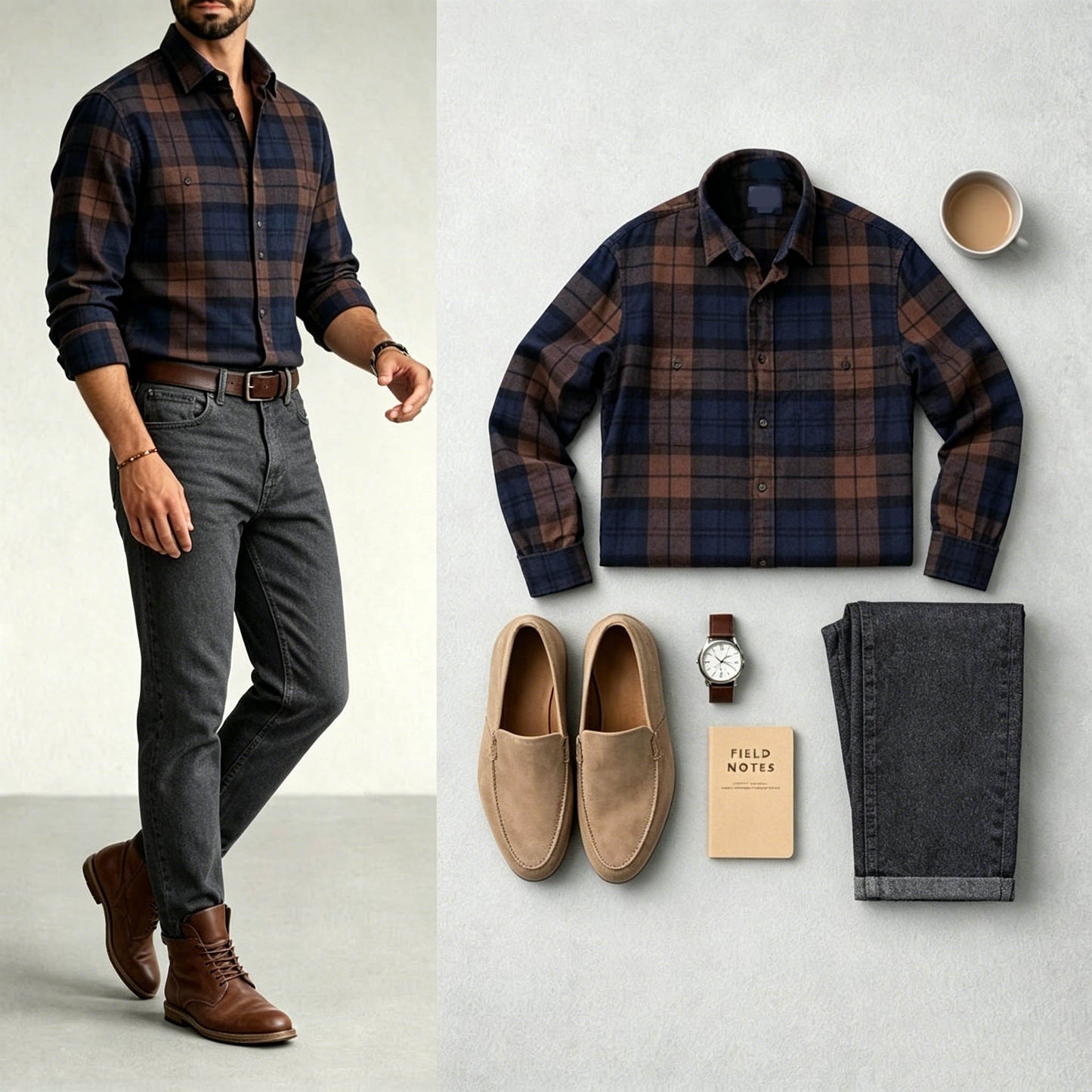 Men's Orange & Navy Blue Color Matching Retro Style Plaid Printed Lapel Collar Long Sleeves Shirt & Jeans Two-Piece Set