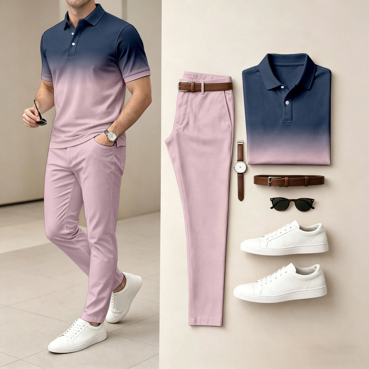 Men's Ombré Color Short-Sleeve Polo Shirt and Pants Two-Piece Set