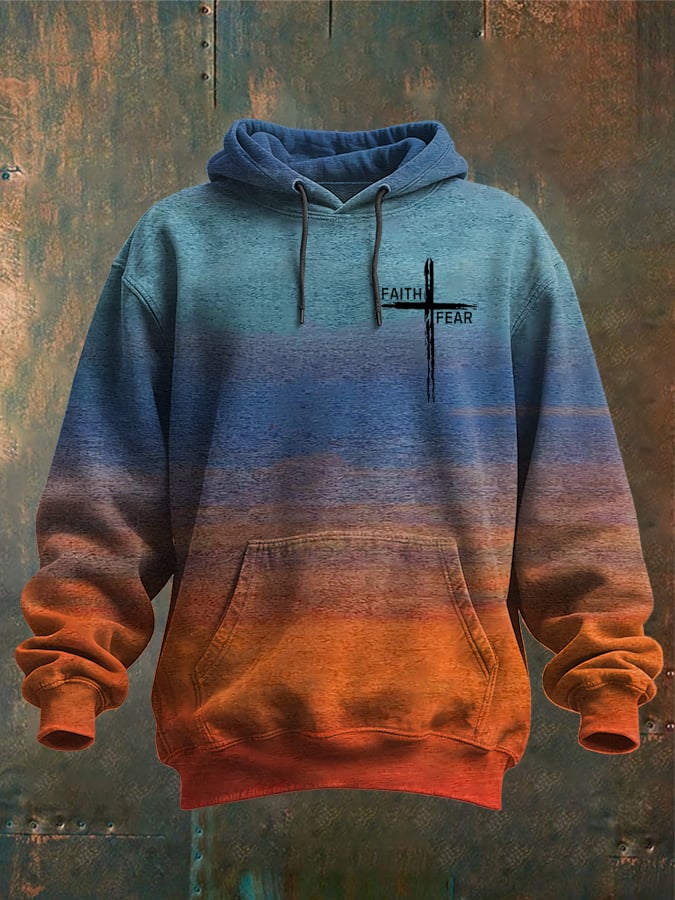 Men's Vintage Faith Cross Design Print Hooded Sweatshirt-Fast Shipping
