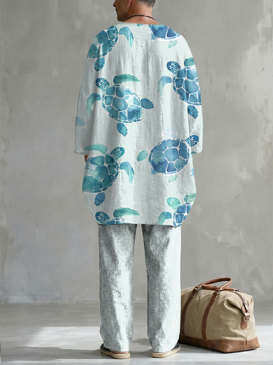 Summer Colorful Sea Turtle Decorative Pattern Long Sleeve Cotton Linen Top And Pants Two Piece Set