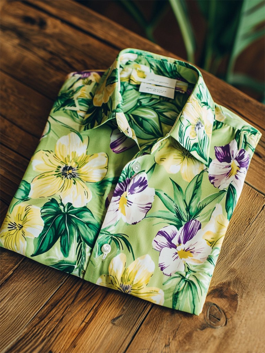 Men's Satin Luxe Hawaiian Print Short Sleeve Button Shirt