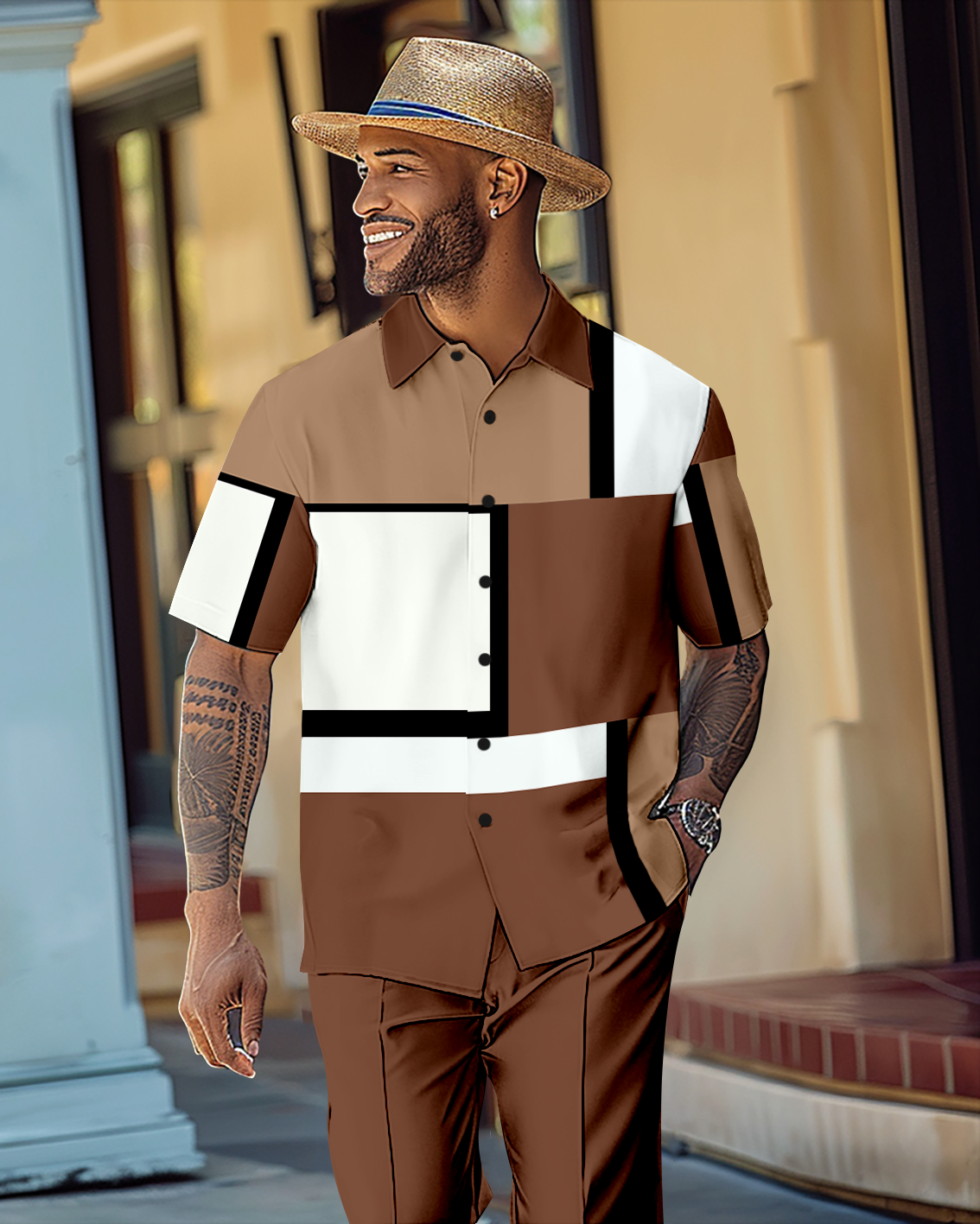 Men's Gradient Color Block Short Sleeve Shirt Walking Suit 1117