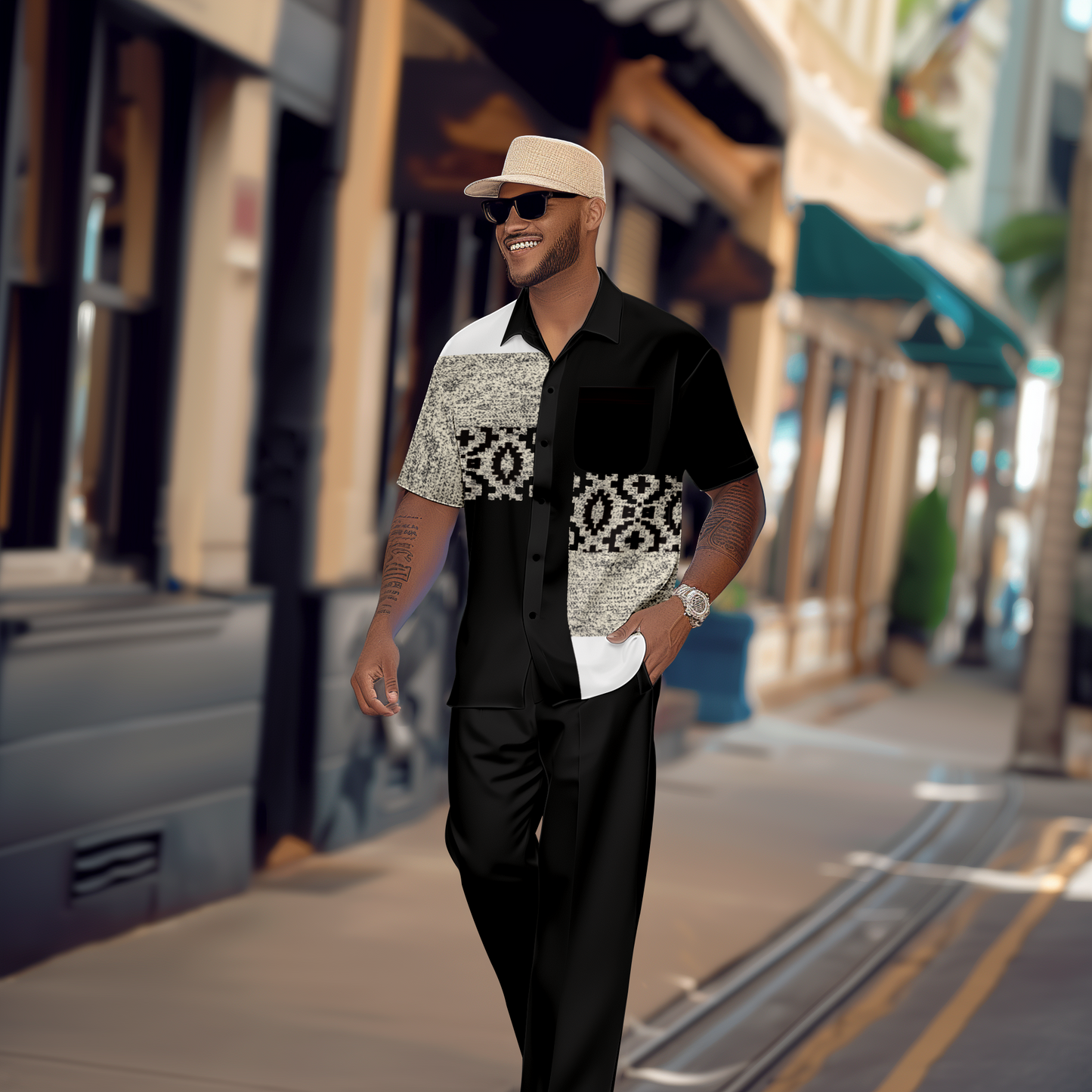Men's Gradient Print Short Sleeve Shirt Walking Suit 1080
