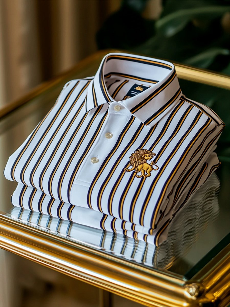 Men's Business Casual Striped Button Short Sleeve Polo Shirt