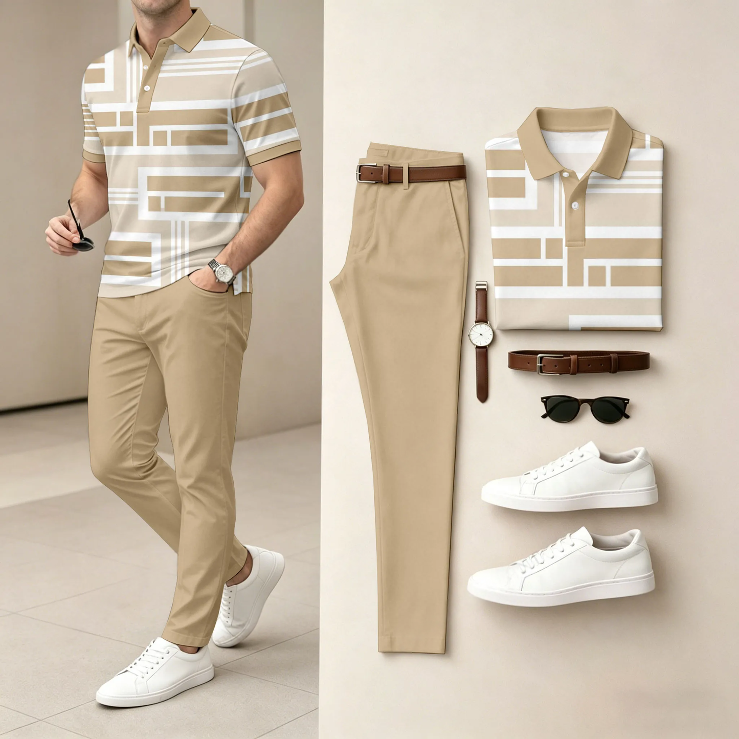 Men's Khaki & White Geometric Casual Printed Polo Shirt And Pants Two-Piece Set
