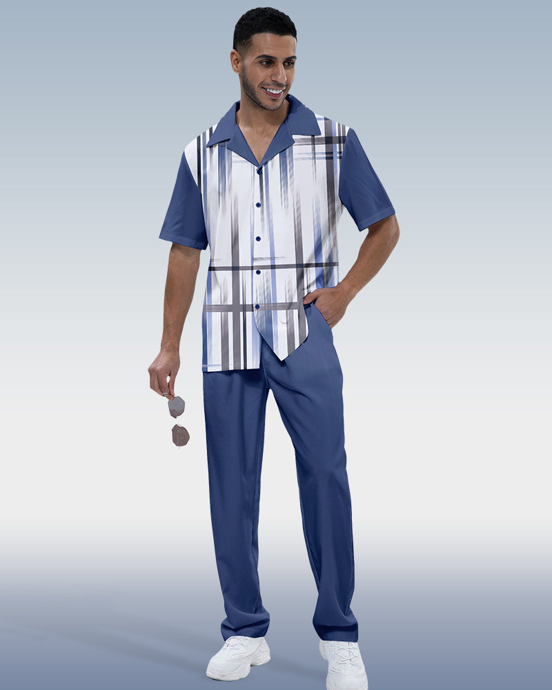 Rianmond Men's Gradient Stripe 2-Piece Short Sleeve Suit 002