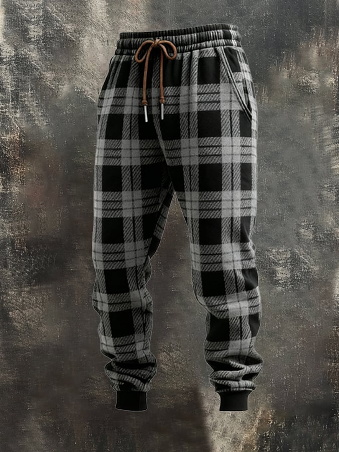 Men's Retro Plaid Hooded Casual Sweatshirt Suit