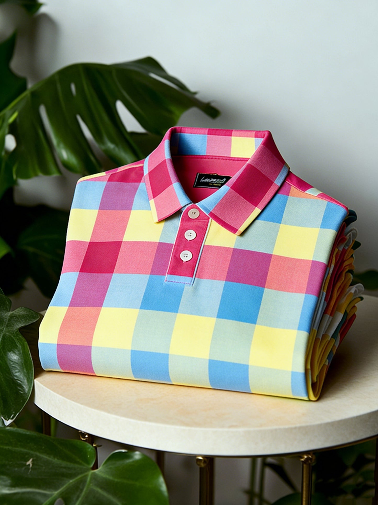 Men's Business Casual Button Short Sleeve Plaid Print Polo Shirt