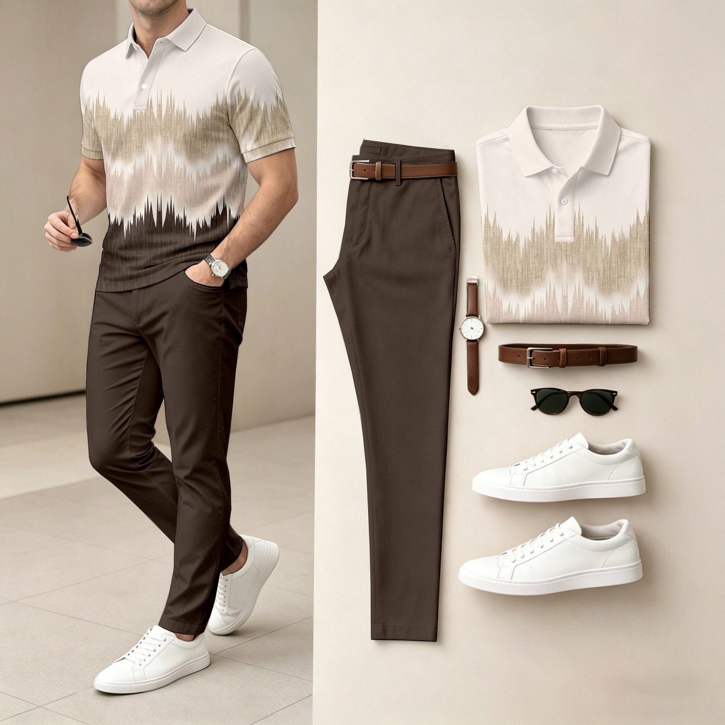 Men's Casual Printed Polo Shirt And Pants Two-Piece Set