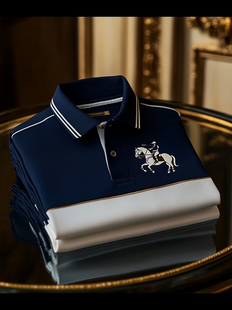 Men's Classic Business Check Logo Button Short Sleeve Polo Shirt