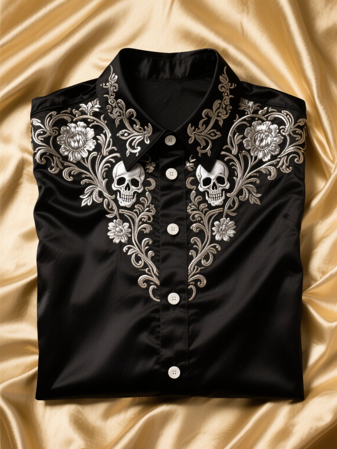 Men's Satin Luxury Business Skull Short Sleeve Button Shirt