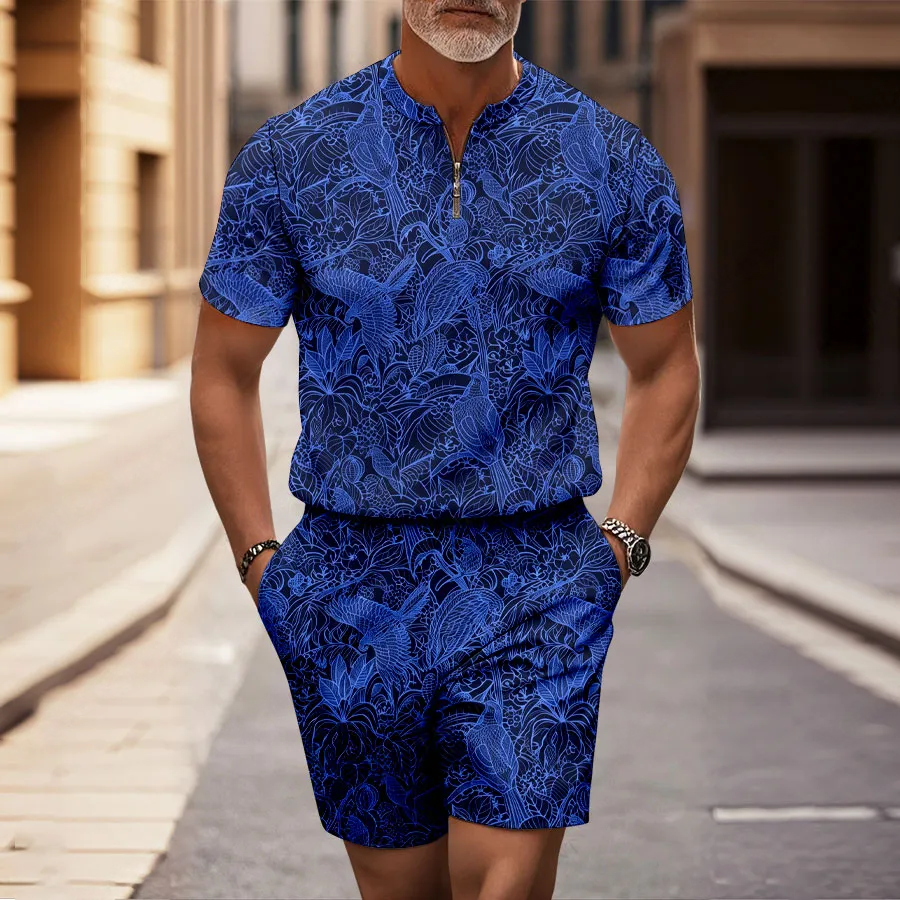 Men's Casual Royal Blue Half-Zip Short-Sleeved Shirt And Shorts Two-Piece Set