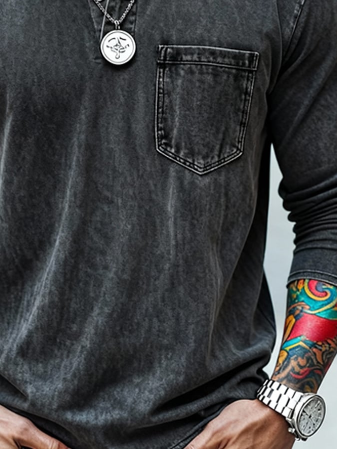 Men's Vintage Washed and Distressed Henley T-Shirt