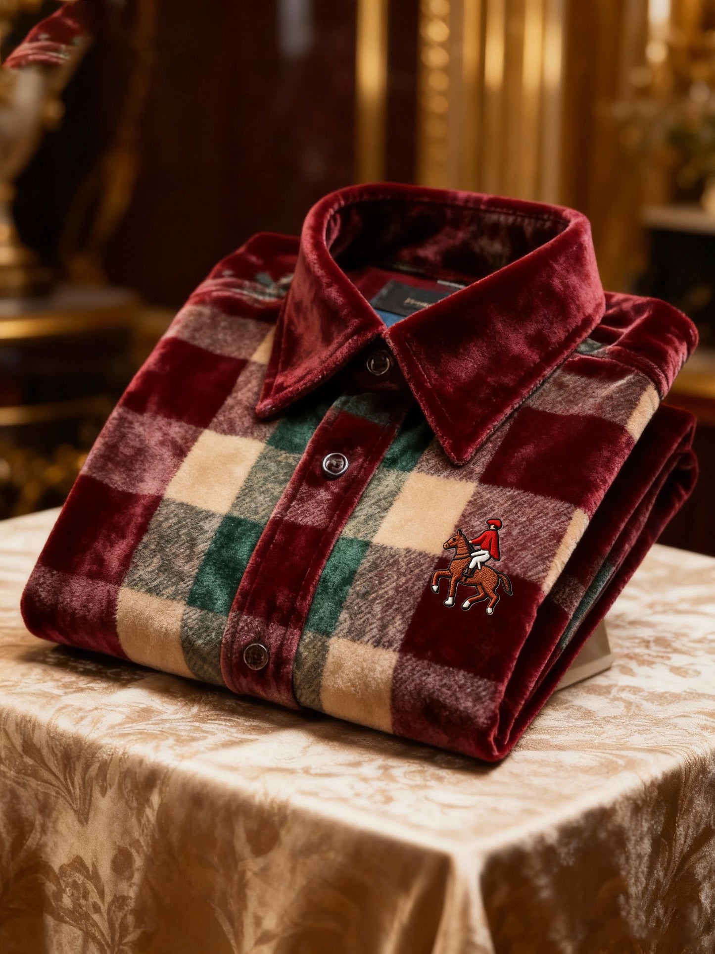 Men's Velvet Logo Plaid Casual Long Sleeve Shirt