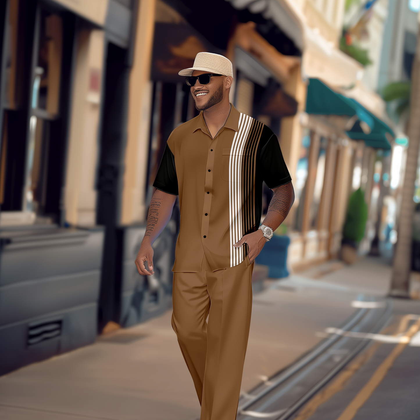 Men's Retro Colorblock Short Sleeve Shirt Walking Suit 1453