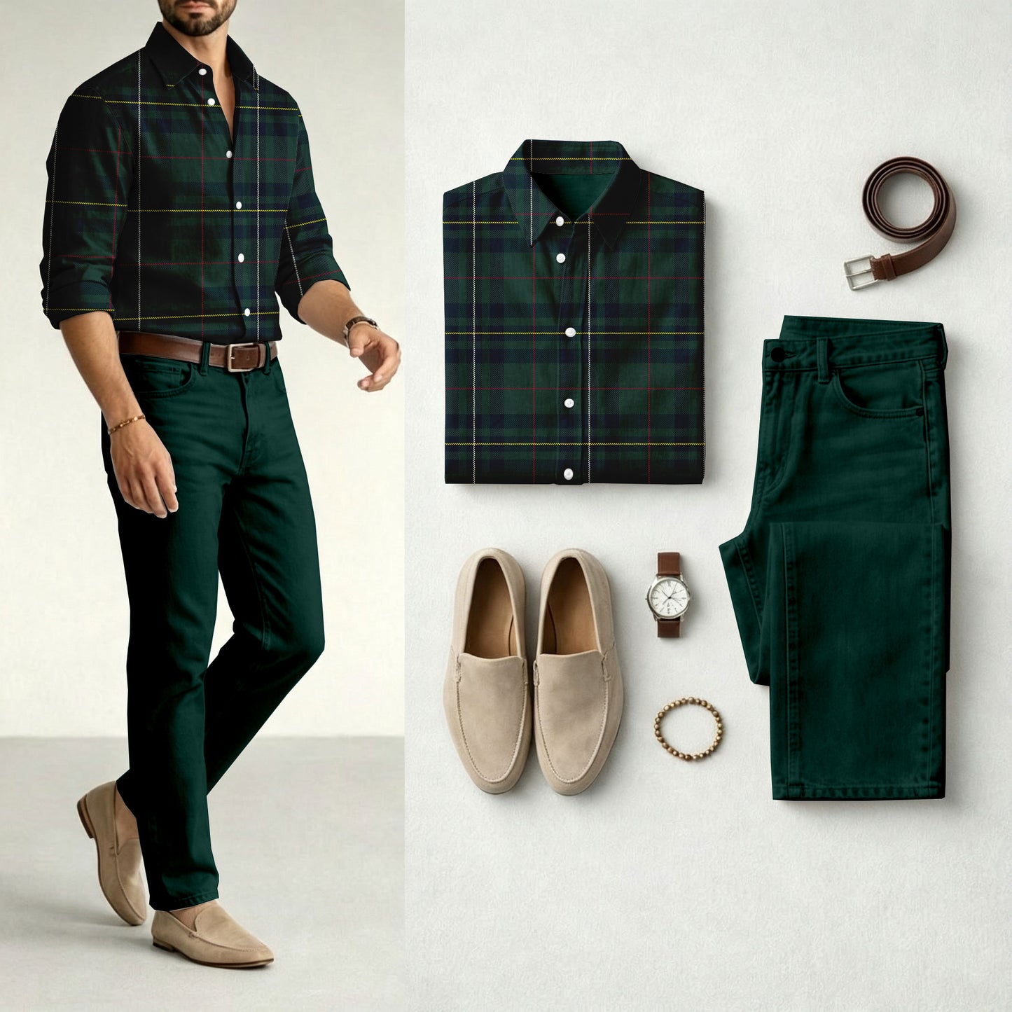 Men's Checkered Long-Sleeve Shirt and Jeans Set