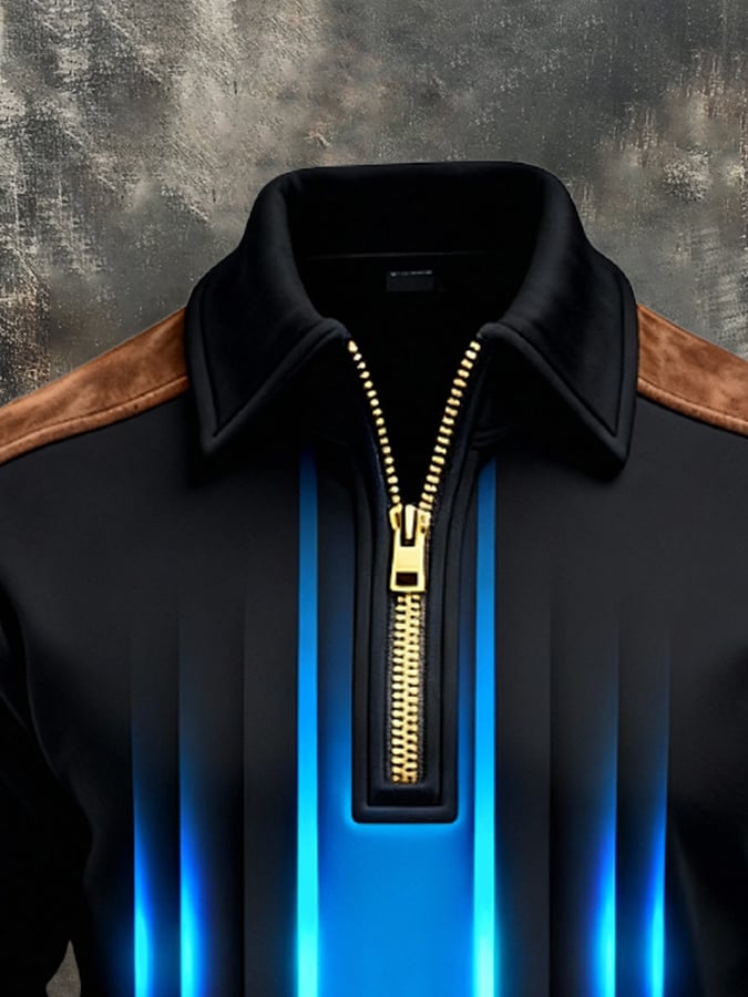 Men's Retro Color Block Print Zipper Sweatshirt
