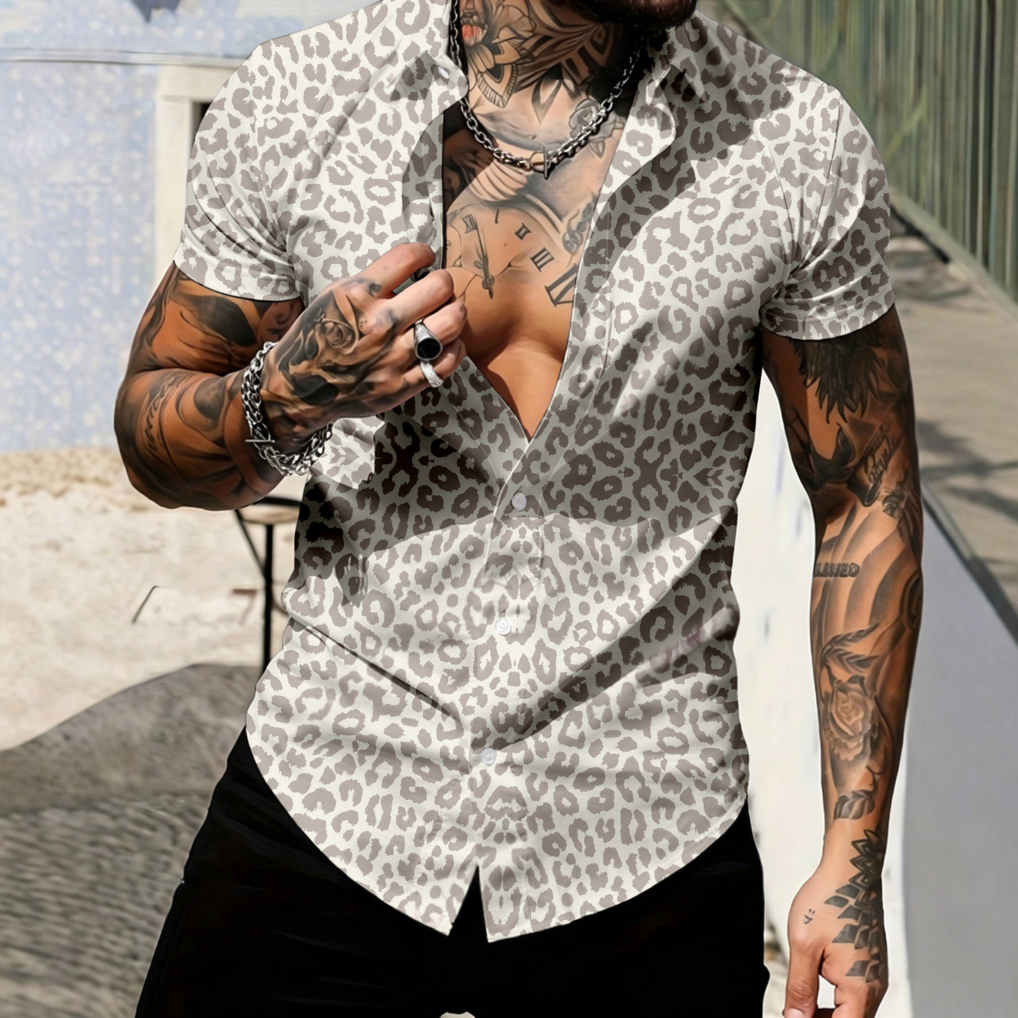 Men's Casual Light Gray Leopard-Print Short-Sleeve Shirt