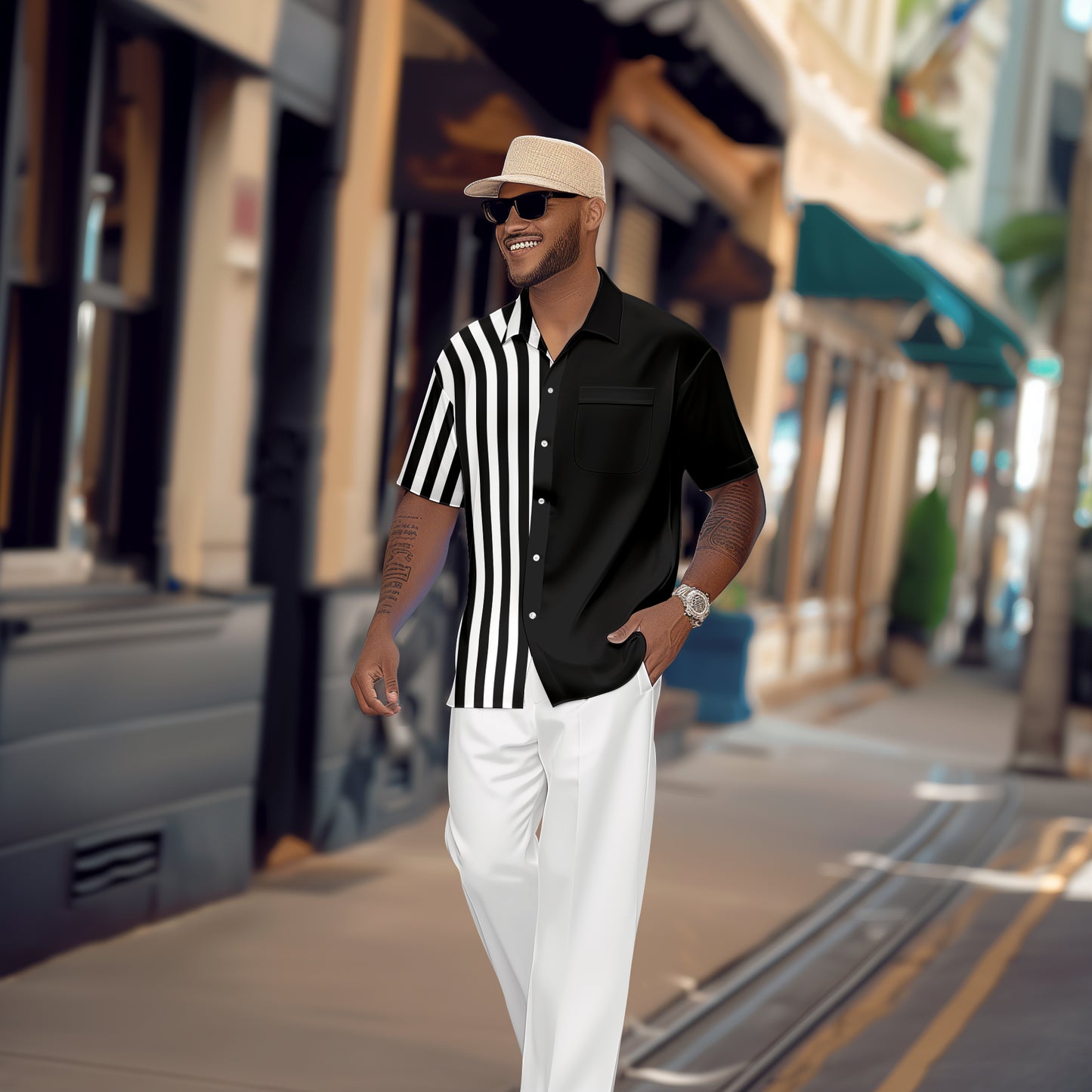 Men's Retro Colorblock Short Sleeve Shirt Walking Suit 1124