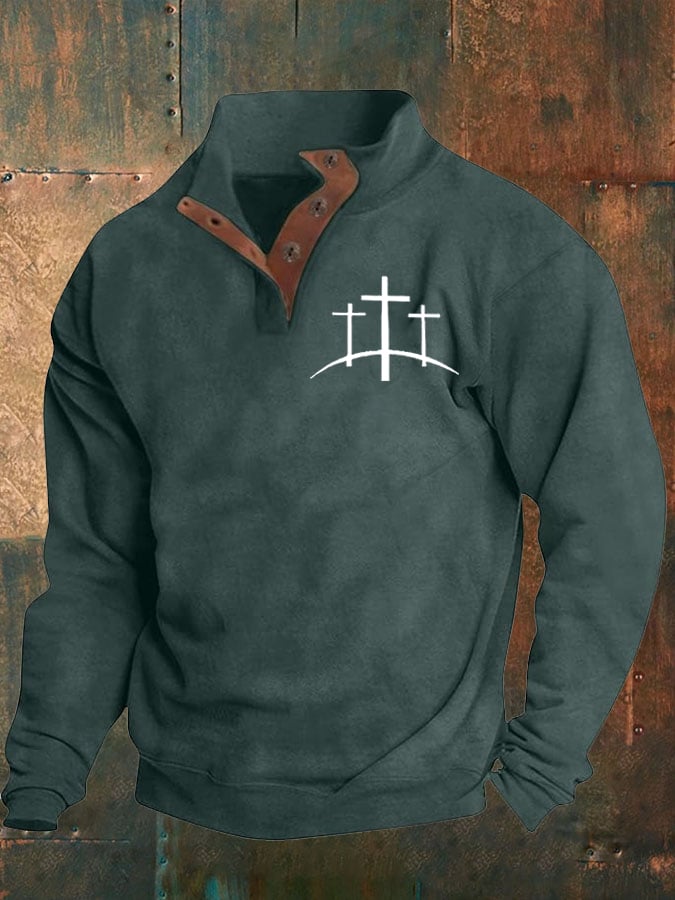 Men's Faith Printed Stand Collar Button Sweatshirt
