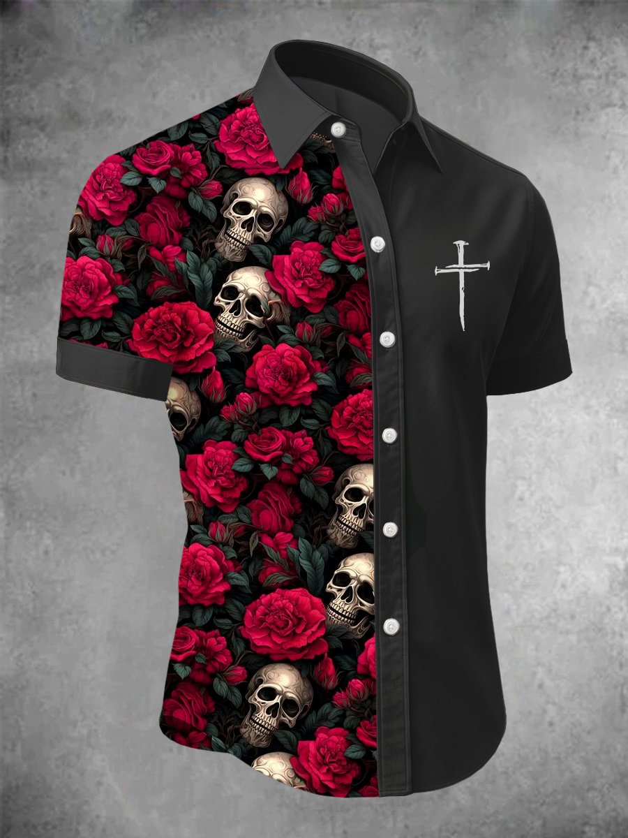 Men's Casual Fashion Dark Pattern Cross Crow Contrast Shirt