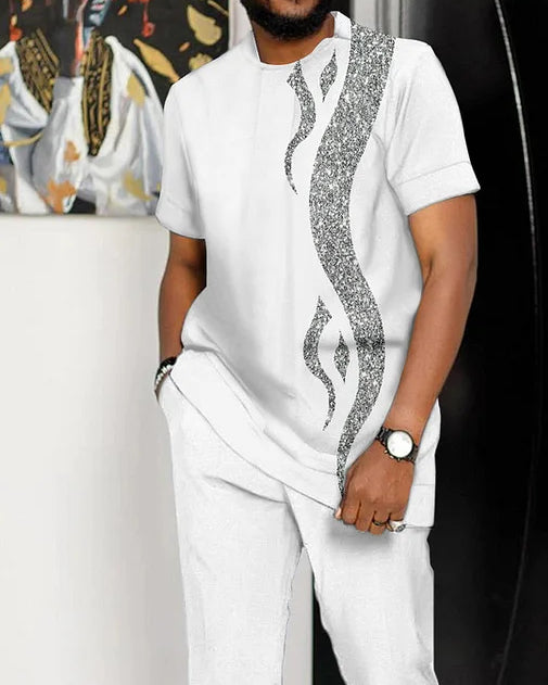 Men's White Printed Short Sleeve Suit 2 Colors 160