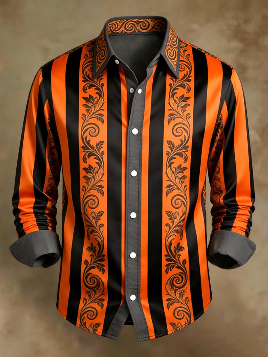 Men's Retro Business Color Block Striped Pattern Long-Sleeve Shirt