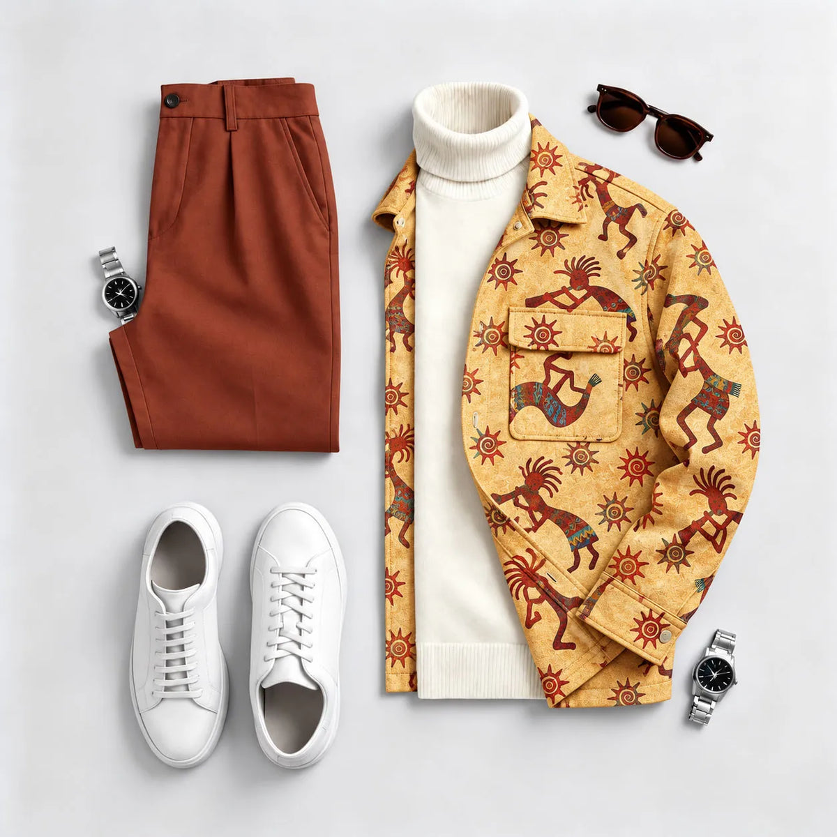 Men's geometric print long-sleeve shirt and long pants two-piece set
