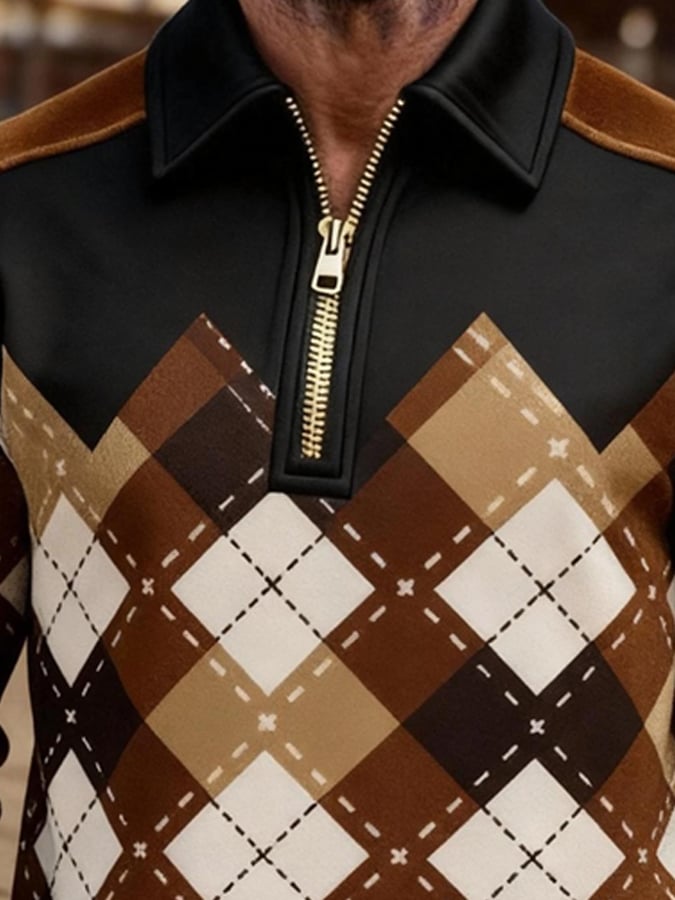 Men's Retro Color Block Print Zipper Sweatshirt