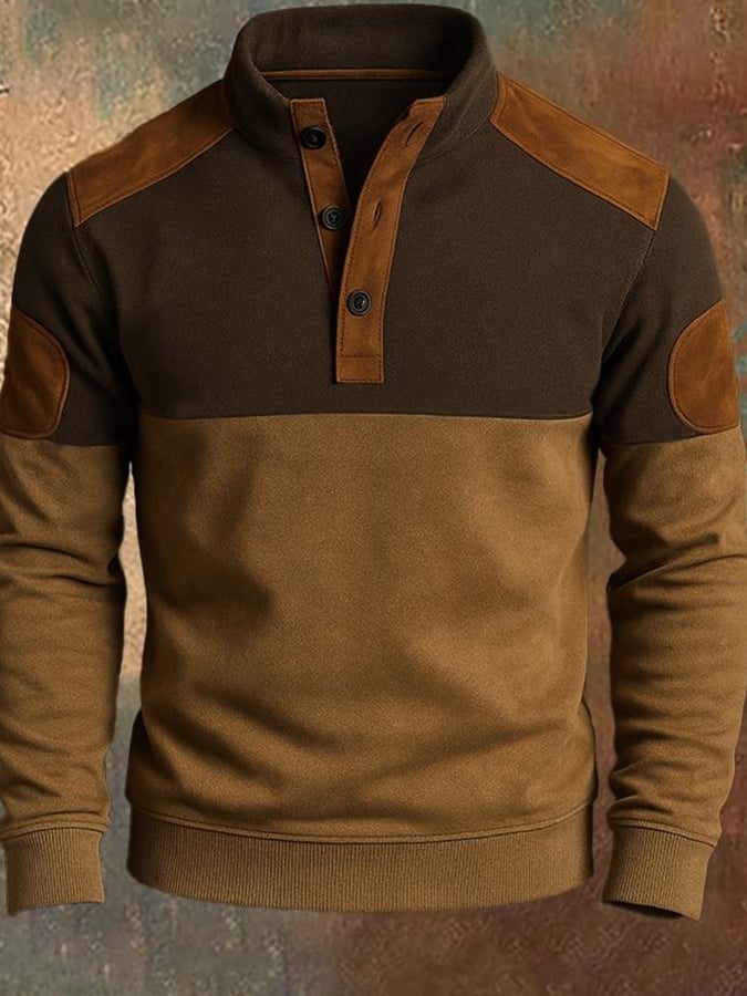 Men'S Casual Retro Contrast Color Stand Collar Long Sleeve Sweatshirt