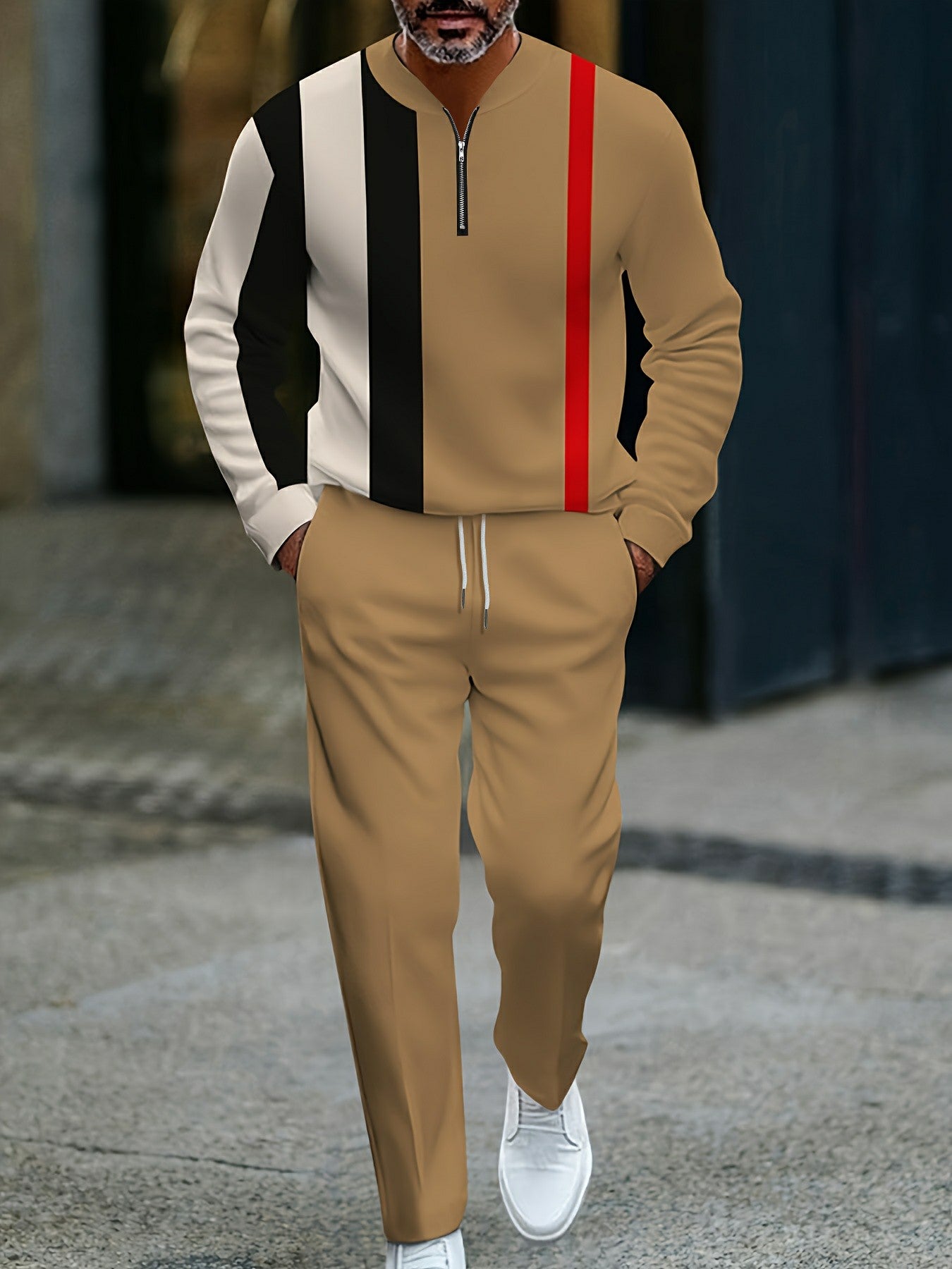Men's Casual Color Coffee & White Matching Striped Printed Round-Neck Zipper Long Sleeved Trousers Two-Piece Set