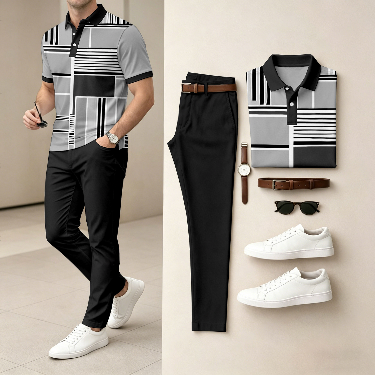 Men's Casual Gray Geometry Printed Polo Shirt And Pants Two-Piece Set