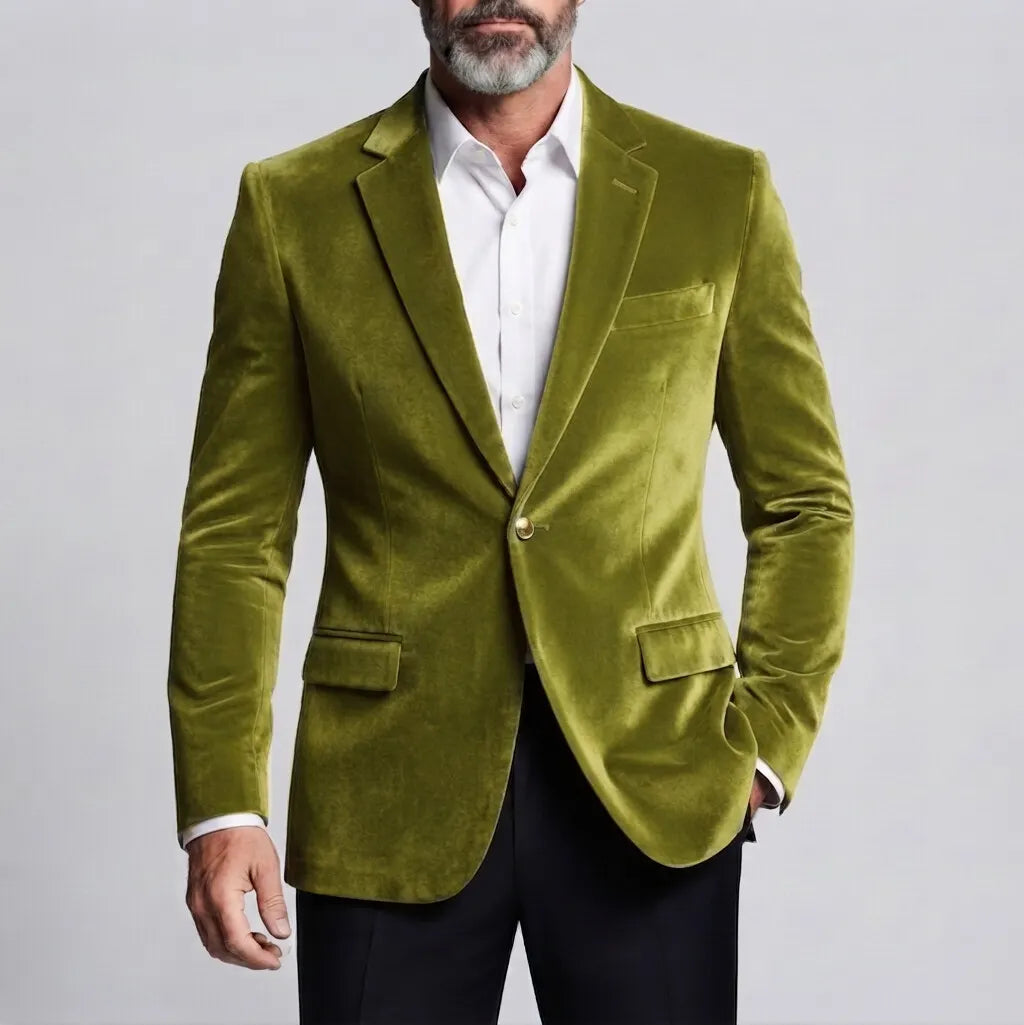 Men's Formal Solid Color Velvet Notch Lapel One Button Slim Fit Blazer
