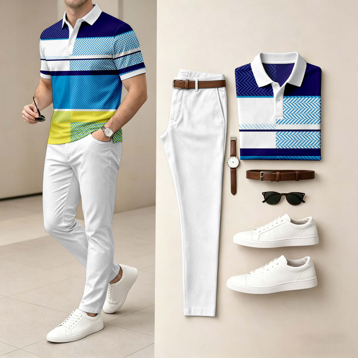 Men's Casual Color-Blocked Printed Short-Sleeve Polo Shirt And Pants Set (Excludes Accessories Such As Watches And Belts)