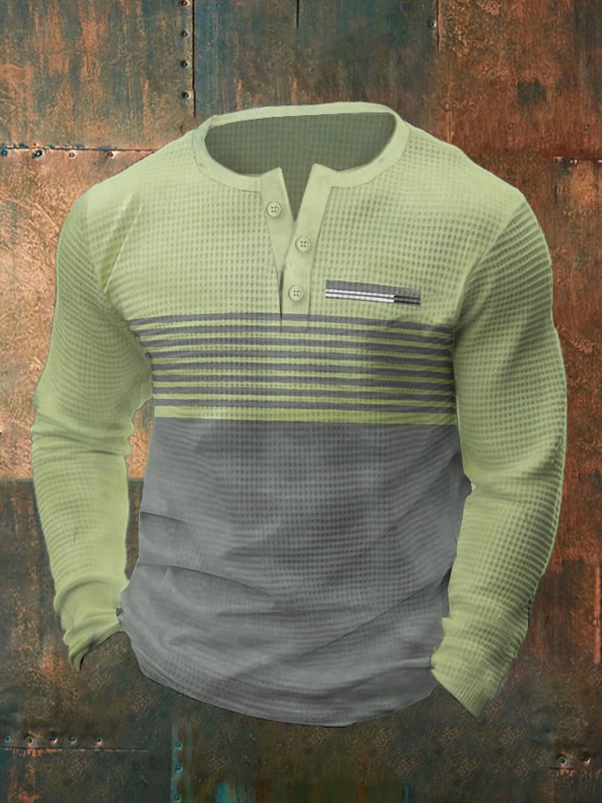 Men's Vintage Waffle Color Patch Henley Neck T-Shirt
