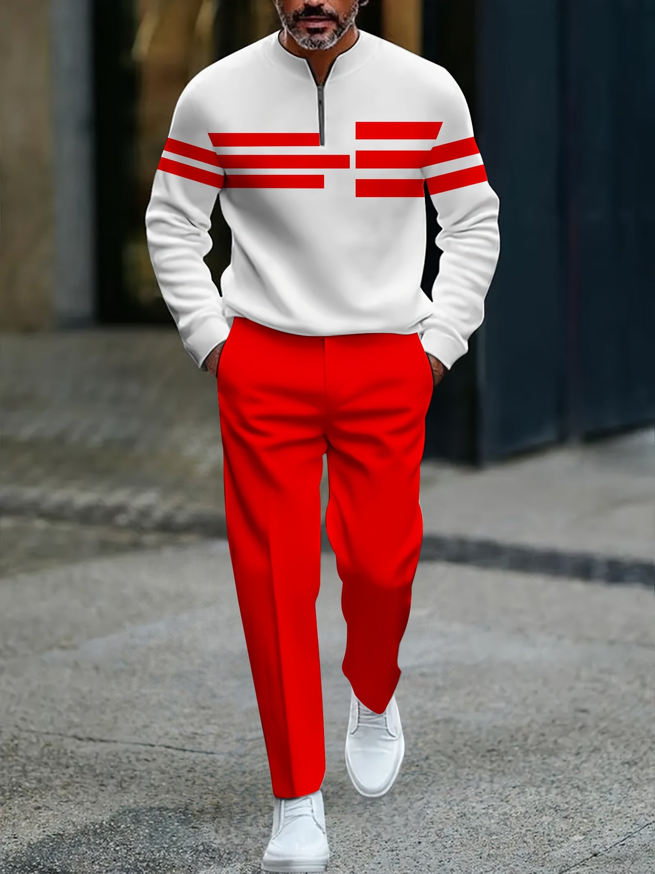 Men's Casual Hot Pink & White Color Matching Geometric Printed Round-Neck Zipper Long Sleeved Tops & Trousers Two-Piece Set