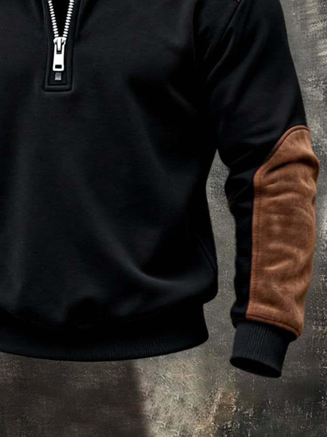 Men'S Vintage Style Color-Block Half-Zip Sweatshirt With Fur Collar And Long Sleeves.