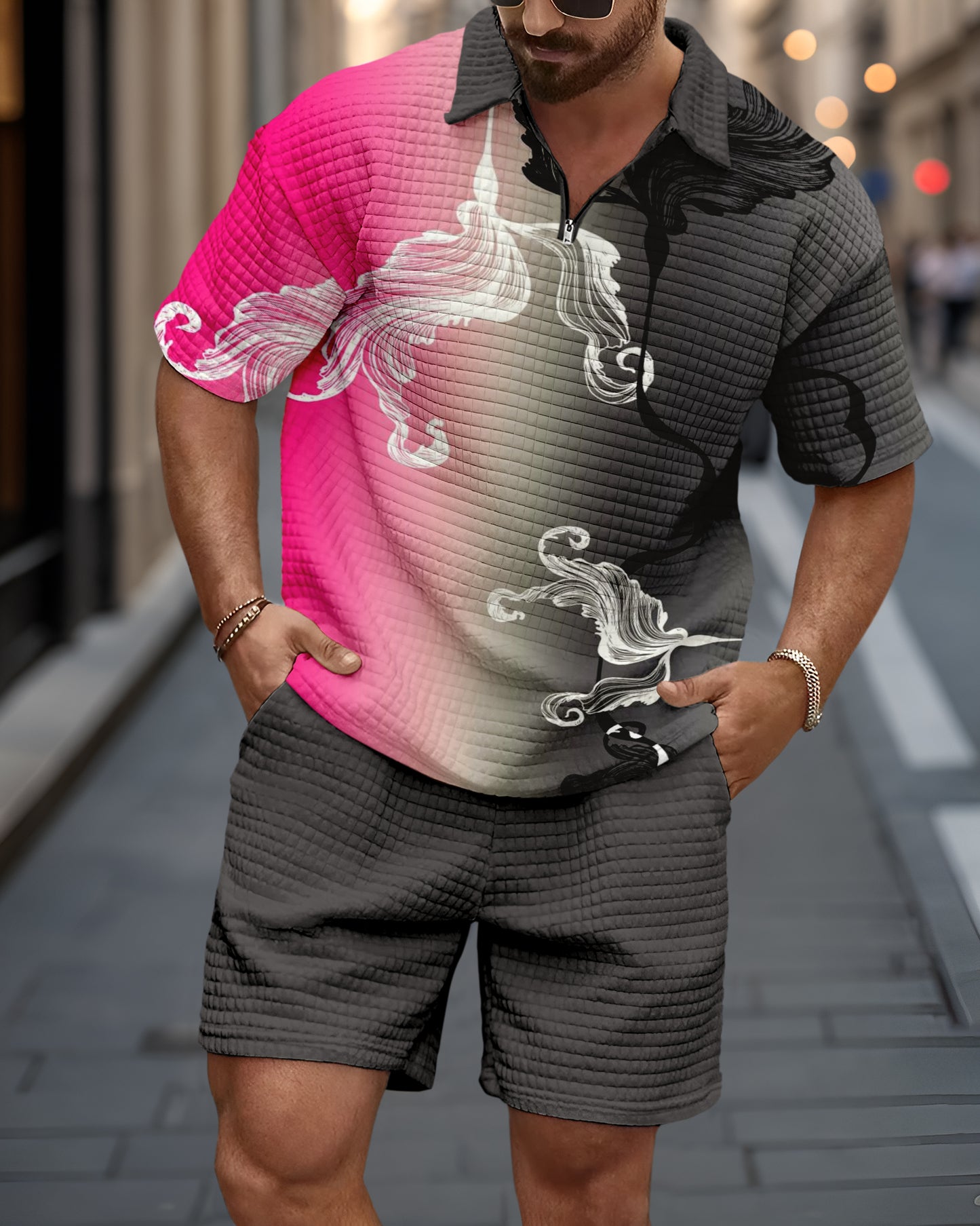 Men's casual waffle texture summer Polo Set 035