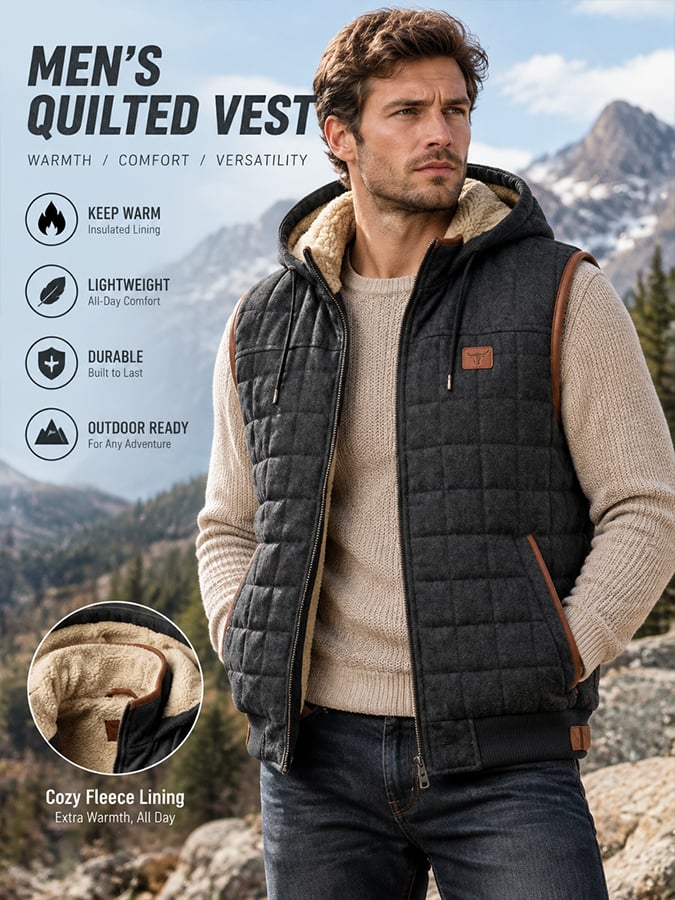 Men's Retro Leather-Panelled Insulated Outdoor Hooded Vest