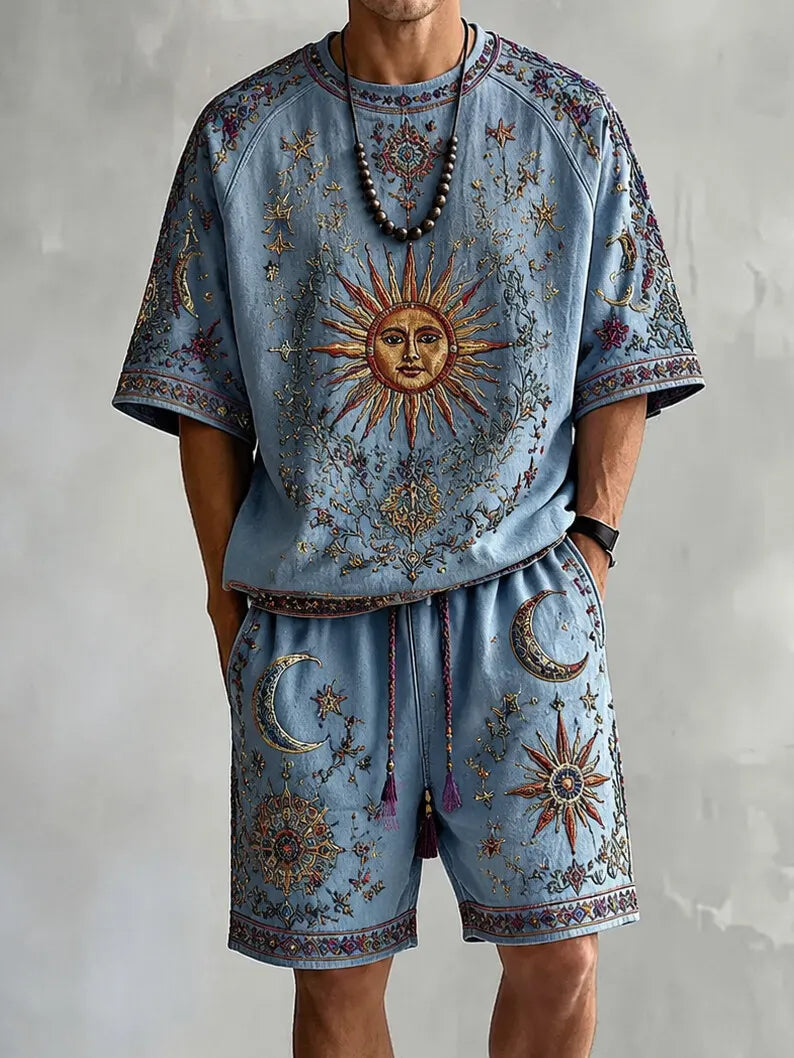 Men's Vintage Boho Sun and Moon Mysticism Print T-Shirt Shorts Set