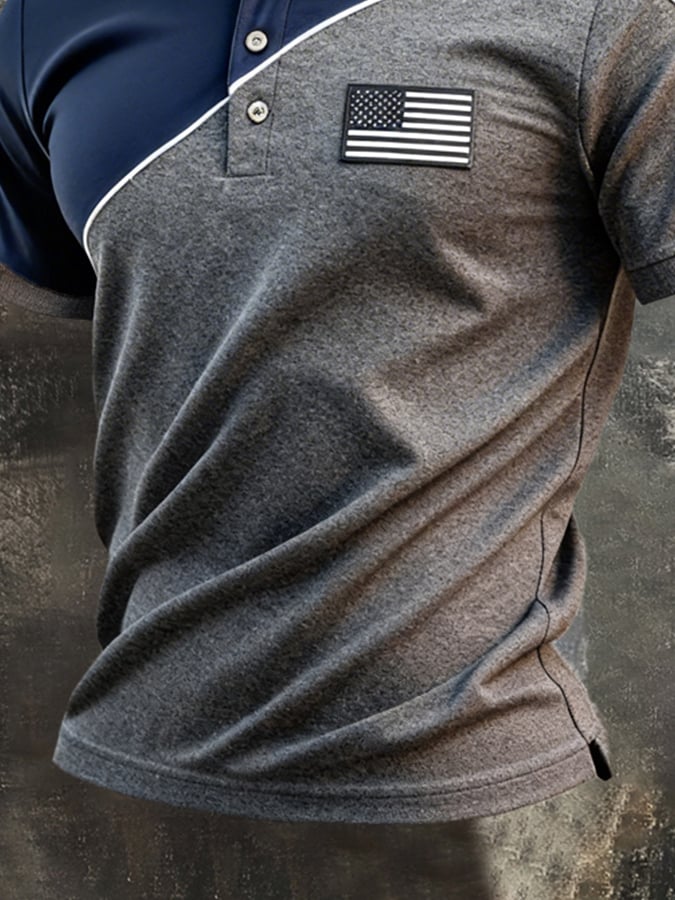 Men's Retro Patriotic Color-Block Short-Sleeve Polo Shirt